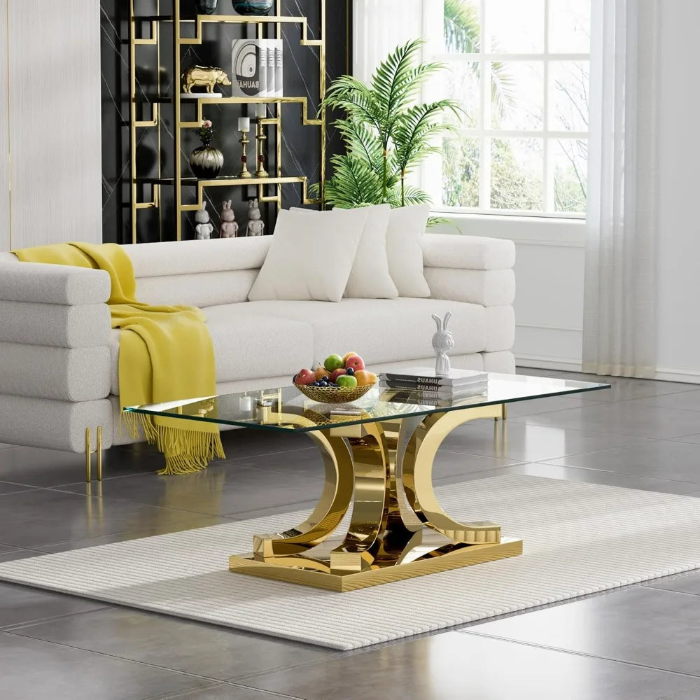 Glass Coffee Table with Gold 4C Stainless Steel Metal Leg, 47" Rectangular Clear Tempered Glass Center